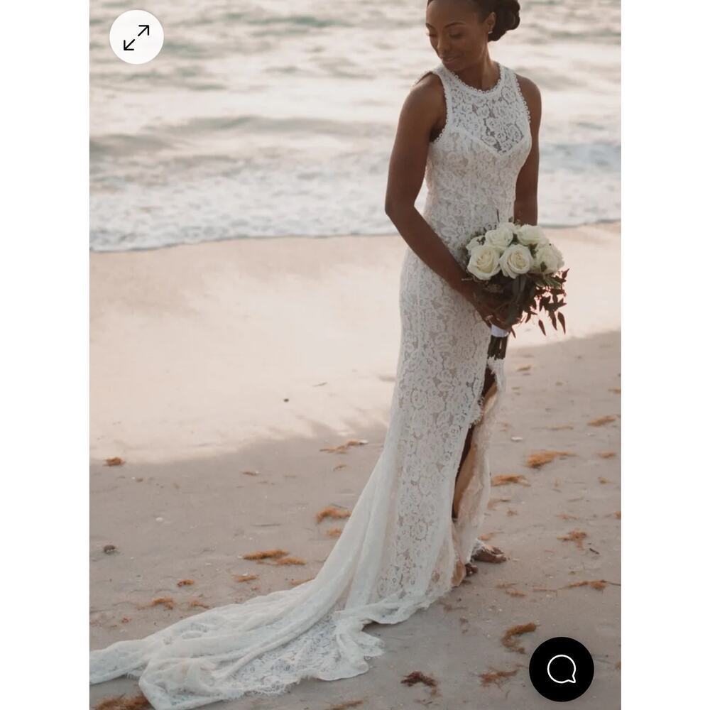 Lulus Love Everlasting White lace Mermaid Style wedding dress with train